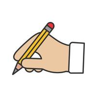 icona del colore della matita della tenuta della mano. grafia. disegno. prendere appunti. illustrazione vettoriale isolata