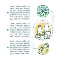 modello vettoriale della pagina dell'articolo degli ingredienti. cibo, preparazione dei pasti. brochure, riviste, opuscoli con caselle di testo. carne, pesce, latticini. disegno di stampa. illustrazioni concettuali con spazio di testo