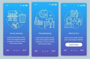 modello vettoriale dello schermo della pagina dell'app mobile per l'onboarding del servizio domestico. pulizia della casa. faccende domestiche. procedura dettagliata del sito Web, illustrazione lineare. servizio di pulizia. ux, ui, gui concetto di interfaccia per smartphone