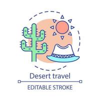 icona del concetto di viaggio nel deserto. illustrazione al tratto sottile dell'idea dell'esperienza di viaggio. turismo estremo. osservazione di animali e piante selvatiche. succulente. disegno di contorno isolato vettoriale. tratto modificabile vettore