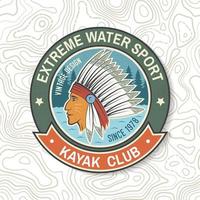 club di kayak. vettore. concetto per patch, badge, stampa, timbro o t-shirt. design tipografico vintage con silhouette indiana americana. sport acquatico estremo. emblemi di avventura all'aria aperta, toppe per kayak.