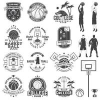 set di badge del club del college di basket. vettore. concetto per camicia, stampa, francobollo o t-shirt. design tipografico vintage con silhouette di coccodrillo e palla da basket. vettore