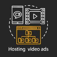 hosting di annunci video icona del concetto di gesso. idea di marketing di affiliazione. marketing basato sulle prestazioni. pubblicità video online. condivisione dei contenuti. vlog, streaming. illustrazione della lavagna isolata vettoriale