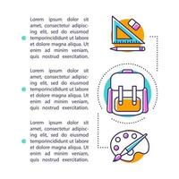 modello di vettore della pagina dell'articolo di cancelleria degli alunni. descrizione delle forniture. brochure, rivista, elemento di design opuscolo con icone lineari e caselle di testo. disegno di stampa.