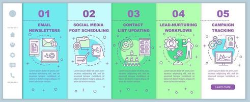 automazione del marketing onboarding modello vettoriale di pagine Web mobili. idea di interfaccia del sito Web per smartphone reattiva con illustrazioni lineari. schermate dei passaggi della procedura guidata della pagina Web. concetto di colore