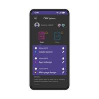 modello vettoriale dell'interfaccia dello smartphone del sistema crm. layout di design nero della pagina dell'app mobile client manager. schermata del software di gestione dei clienti. interfaccia utente piatta per l'applicazione. organizzatore aziendale. display del telefono
