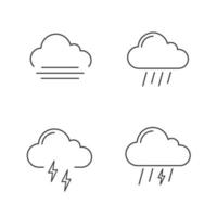 icone lineari previsioni meteo impostate. autunno. nebbia, tempo piovoso, tuoni, temporali. simboli di contorno di linee sottili. illustrazioni di contorno vettoriale isolate. tratto modificabile