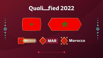 set di bandiera e testo del marocco sullo sfondo del torneo di calcio 2022. illustrazione vettoriale modello di calcio per banner, carta, sito Web. bandiera nazionale marocco