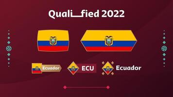 set di bandiera e testo dell'ecuador sullo sfondo del torneo di calcio 2022. illustrazione vettoriale modello di calcio per banner, carta, sito Web. bandiera nazionale ecuador