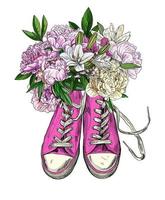 sneakers vintage rosa con peonie, bouquet di lusso fresco vettore