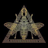 uno scarabeo dorato in una cornice triangolare dorata in stile greco vettore
