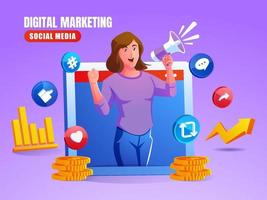 una donna che utilizza un concetto di social media di marketing digitale megafono vettore