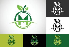 alfabeto monogramma iniziale m con il logo astratto della mela. vettore di progettazione di logo di cibo sano