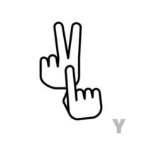 lettera y lettera dell'alfabeto della mano universale e portatori di handicap. semplice lettera lineare chiara y, linguaggio della mano. apprendimento dell'alfabeto, comunicazione sordomuta non verbale, vettore di gesti espressivi.