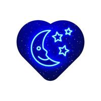 icona della luna e della stella di smiley blu neon. luna al neon del cielo realistico, icona di buon natale stella. icona della luna sorridente notturna nel cuore al neon. isolato su sfondo bianco. vettore