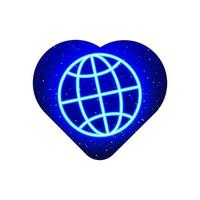 icona del mondo-internet blu neon. icona internet realistica della linea del cielo. icona del viaggiatore del mondo nel cuore al neon. isolato su sfondo bianco. vettore