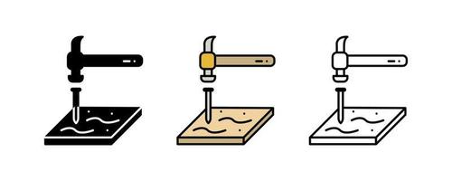 icona di legno inchiodante. icone sottili del processo di produzione del legno. set di icone di produzione. silhouette, insieme colorato e lineare. vettore