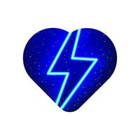 icona di fulmini, fulmini ed elettricità all'interno del cuore blu neon. icona della linea di tensione al neon realistica. icona dell'elettricità all'interno del cuore al neon. isolato su sfondo bianco. vettore
