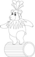 orso del circo in piedi su un personaggio scarabocchio in bianco e nero di botte di legno vettore
