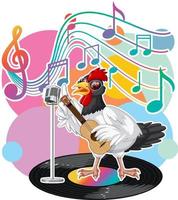 cartone animato di pollo cantante con simboli di melodia musicale vettore