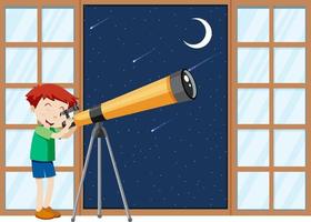 un ragazzo osserva il cielo notturno con il telescopio vettore
