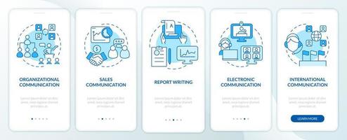 moduli di comunicazione professionale blu onboarding schermo dell'app mobile. procedura dettagliata 5 passaggi pagine di istruzioni grafiche con concetti lineari. ui, ux, modello gui. sono stati utilizzati una miriade di caratteri normali in grassetto vettore