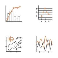 set di icone lineari grafico e grafico. mappa della temperatura grafico a punti e figure. grafico misto. curva di vibrazione. simboli di contorno di linee sottili. illustrazioni di contorno vettoriale isolate. tratto modificabile