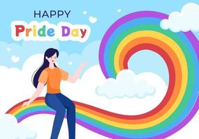 felice giorno del mese dell'orgoglio con arcobaleno lgbt e bandiera transgender per sfilare contro la violenza, la discriminazione, l'uguaglianza o l'omosessualità nell'illustrazione del fumetto vettore