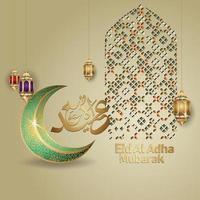 saluto islamico con calligrafia eid al adha, simbolo kaaba, lanterna e ornamento a mosaico. illustrazione vettoriale