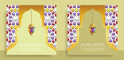 impostare il modello di sfondo islamico biglietto di auguri con tecnica di progettazione realizzata con texture e dettagli decorativi colorati di arte islamica ornamenti illustrazione vettoriale mosaico floreale