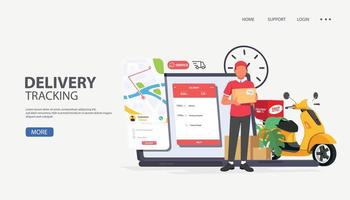 servizio di consegna veloce del concetto di tracciamento con laptop, design creativo di infografiche piatte per app. vettore
