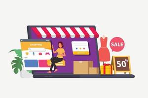negozio online tramite laptop posto sul podio con scatole regalo galleggianti da parte, banner web 3d di shopping online