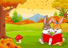 cartoni animati coppie di conigli che leggono un libro nella foresta autunnale vettore