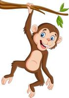scimmia del fumetto che appende nel ramo di albero vettore