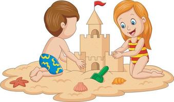 bambini che fanno il castello di sabbia sulla spiaggia tropicale vettore