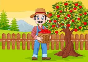 contadino maschio del fumetto che tiene cesto di mele presso la fattoria