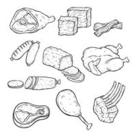 set di carne o bistecca disegnata a mano su sfondo bianco vettore