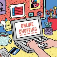 illustrazione vettoriale disegnata a mano delle mani delle persone che utilizzano il computer portatile per lo shopping online nell'area di lavoro.
