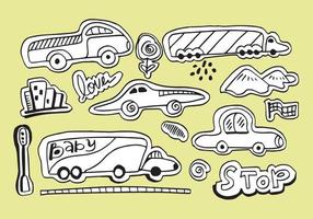 set di diversi schizzi di auto doodle. illustrazione vettoriale di linea nera disegnata a mano.