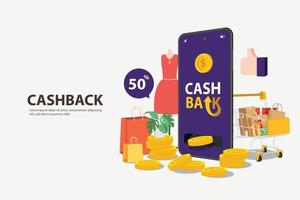 banner di finanza vettoriale cash back. rimborsare l'illustrazione delle monete d'oro con lo smartphone su sfondo viola. cashback mobile app o concetto di programma