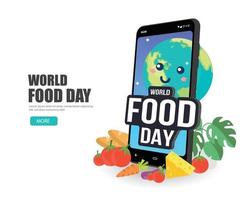 l'illustrazione della giornata mondiale dell'alimentazione con cartone animato terra carino e vettore smartphone è adatta per social media, banner, poster, volantini e relativi al cibo