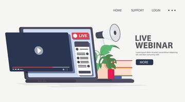 illustrazioni concetto di design piatto webinar dal vivo da laptop con microfono, libro come pollice, icona. disegno vettoriale