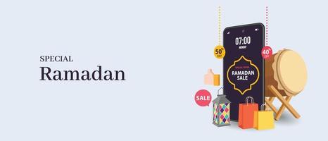 vendita ramadan, design dell'intestazione web con festival islamico per banner, poster, sfondo, volantino, illustrazione, brochure e sfondo di vendita vettore