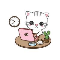 simpatico gatto che lavora al computer portatile. simpatico personaggio dei cartoni animati. vettore