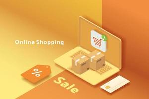 shopping online tramite laptop su sfondo giallo e arancione. vettore