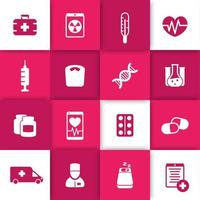icone della medicina, assistenza sanitaria, ambulanza, ospedale, siringa, vaccino, pillole, farmaci, pittogrammi della medicina, set di icone piatte, illustrazione vettoriale