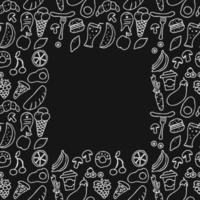vettore di doodle con icone di cibo su sfondo nero. modello senza cuciture con icone di cibo e posto per testo