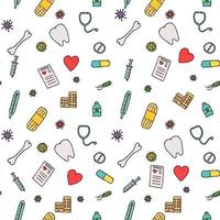 modello di medicina senza cuciture colorato. vettore di doodle con icone di medicina su sfondo bianco. icone della medicina vintage