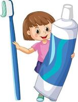 una bambina che tiene dentifricio e spazzolino da denti su sfondo bianco
