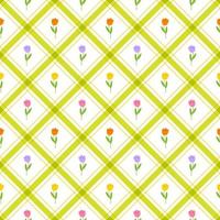 carino tulipano foglia ramo gambo bastone elemento rosa viola lilla viola giallo arancio verde striscia diagonale linea a strisce inclinazione a scacchi plaid tartan bufalo scott motivo a quadretti illustrazione avvolgere carta vettore